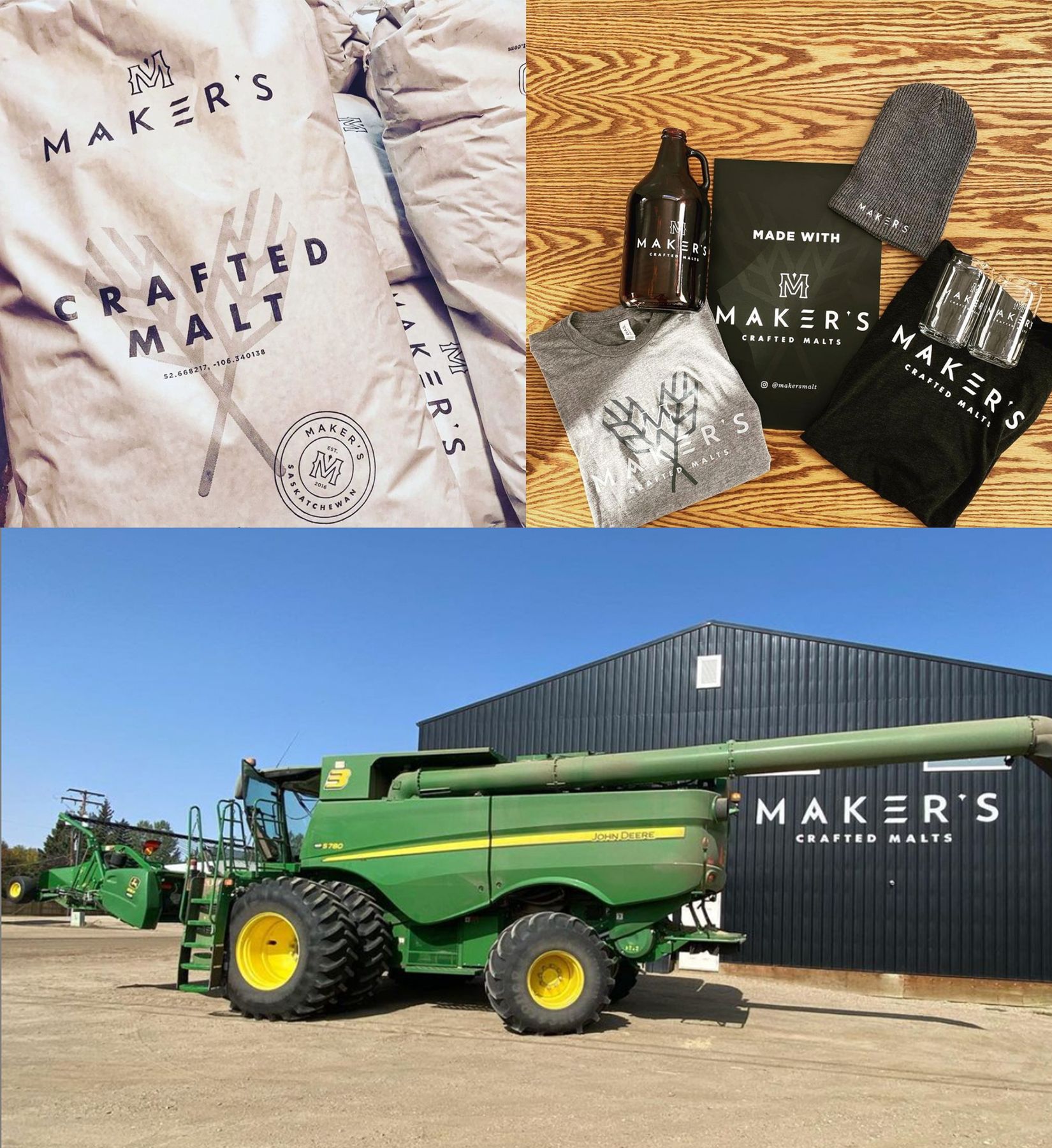 In the farmers' hands: the bag, the growler, the barn.