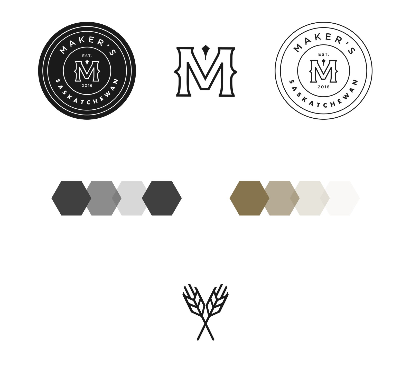 Marks and color. Charcoal, malt gold, cream.