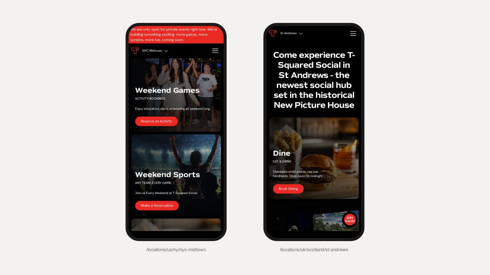 Midtown and St Andrews on mobile. Same templates, different venues.
